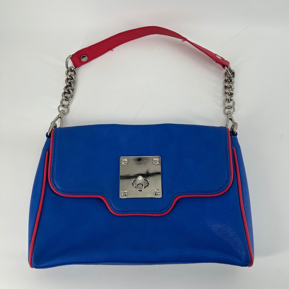 Kate Landry Blue & Red Faux Leather Shoulder Bag‎ Chain Strap Turn Lock